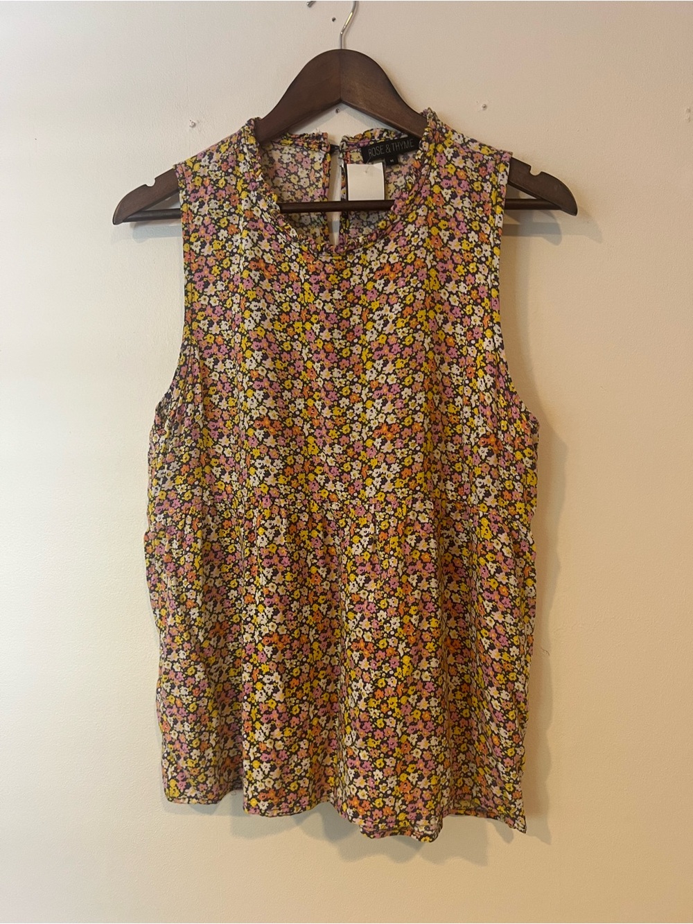 Rose & Thyme Sleeveless Floral cottagecore babydoll blouse top, women’s size M
